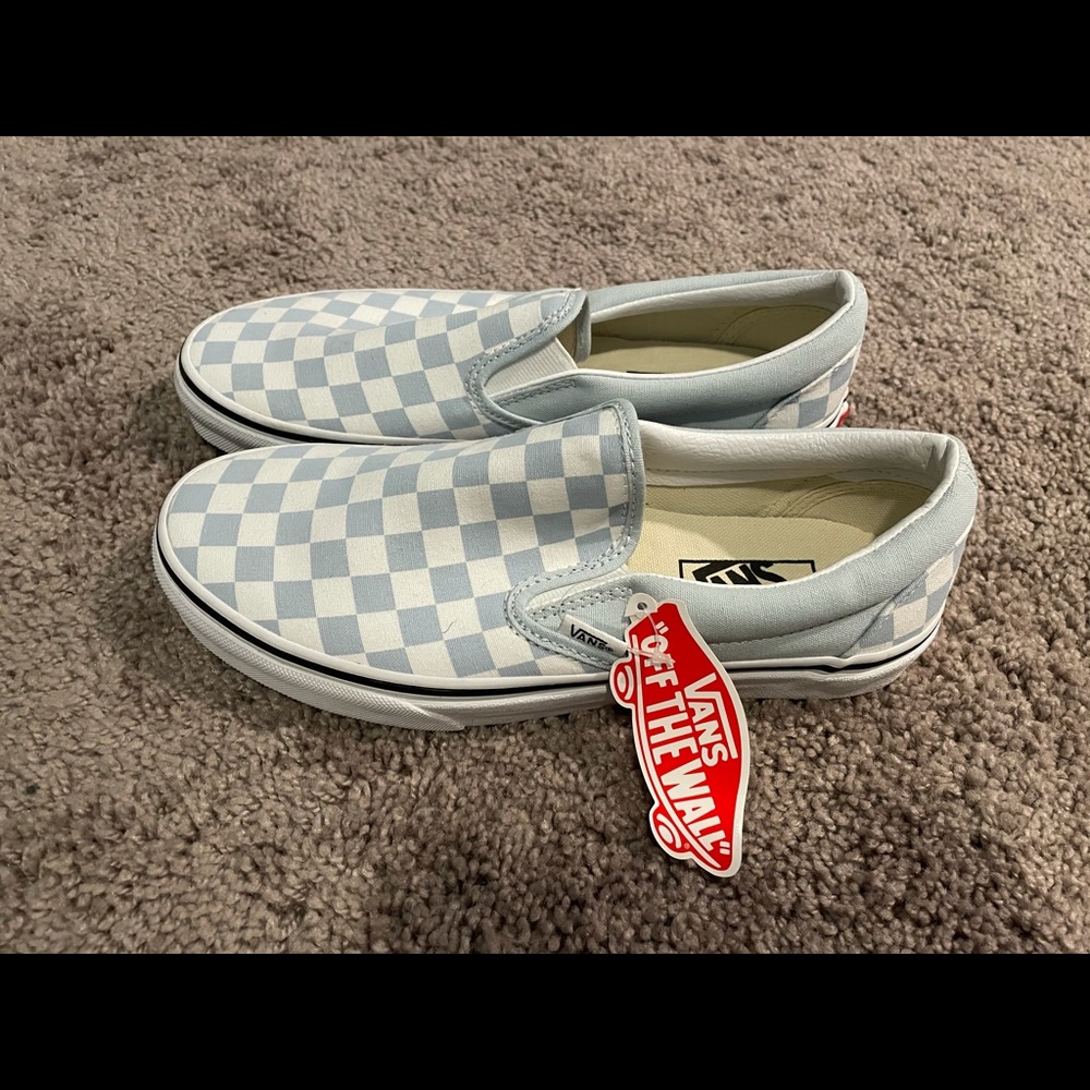 Blue and white checkered Vans